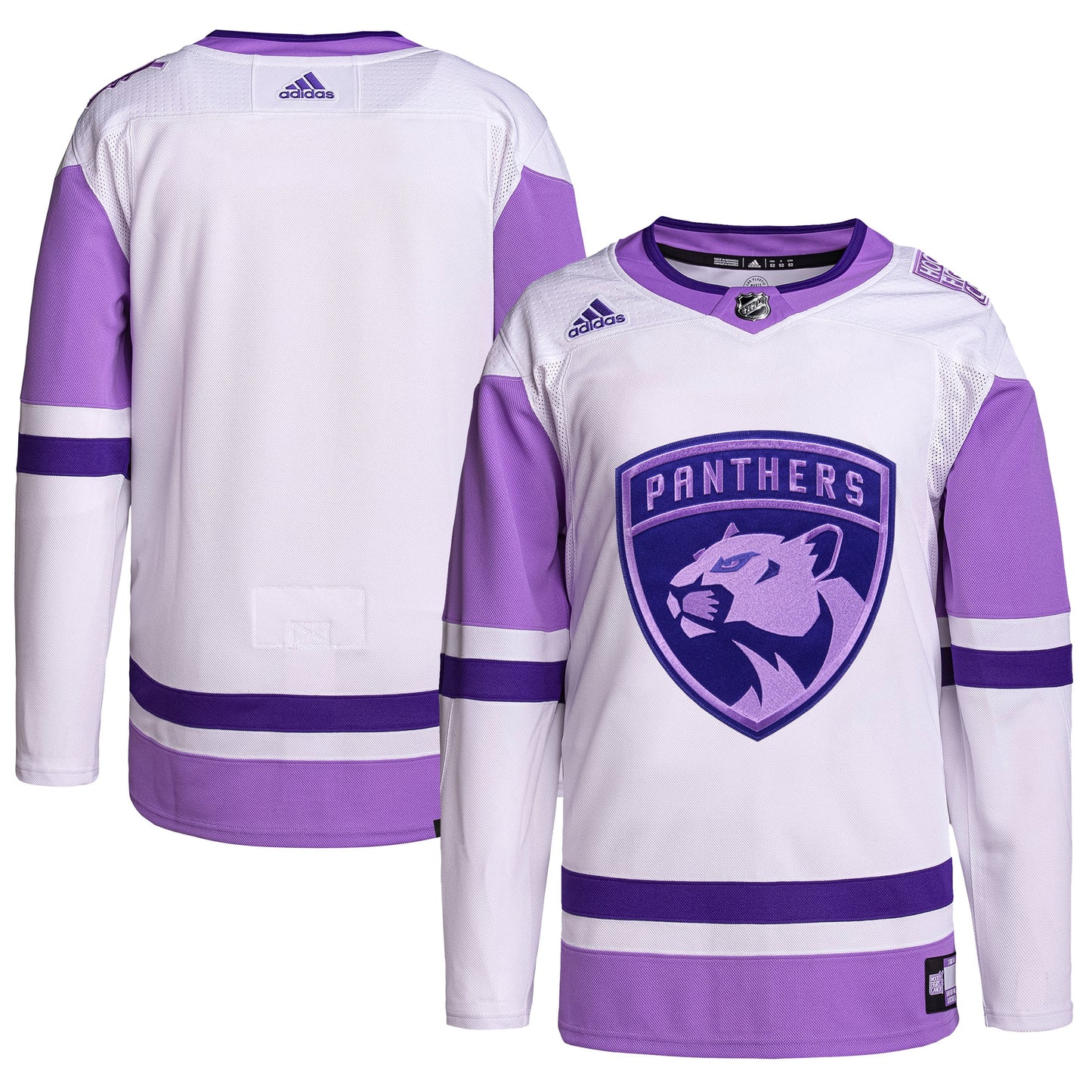 Florida Panthers adidas Hockey Fights Cancer Primegreen Authentic Blank Practice Jersey - White/Purple